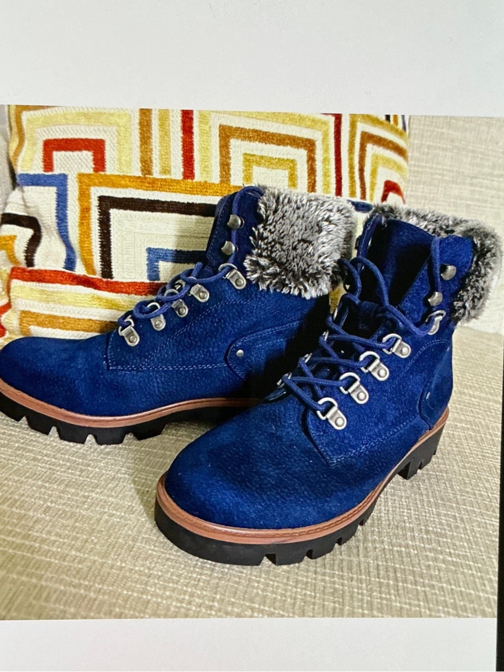 Cliffs by WHITE MOUNTAIN Navy Blue Faux Fur Trim Lug Boots